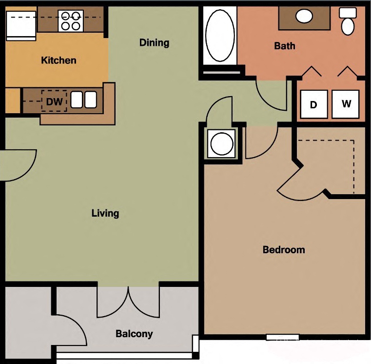 Floor plan for 1 bed, 1 bath, 807 sqft